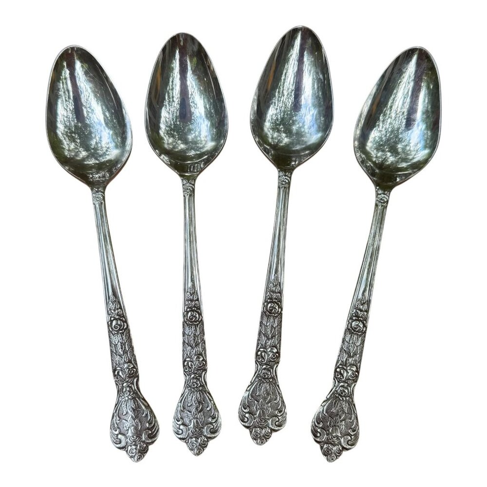 Set Of 4 Vtg Versailles Stainless Steel Oval Soup Spoons By MSI Japan Ornate